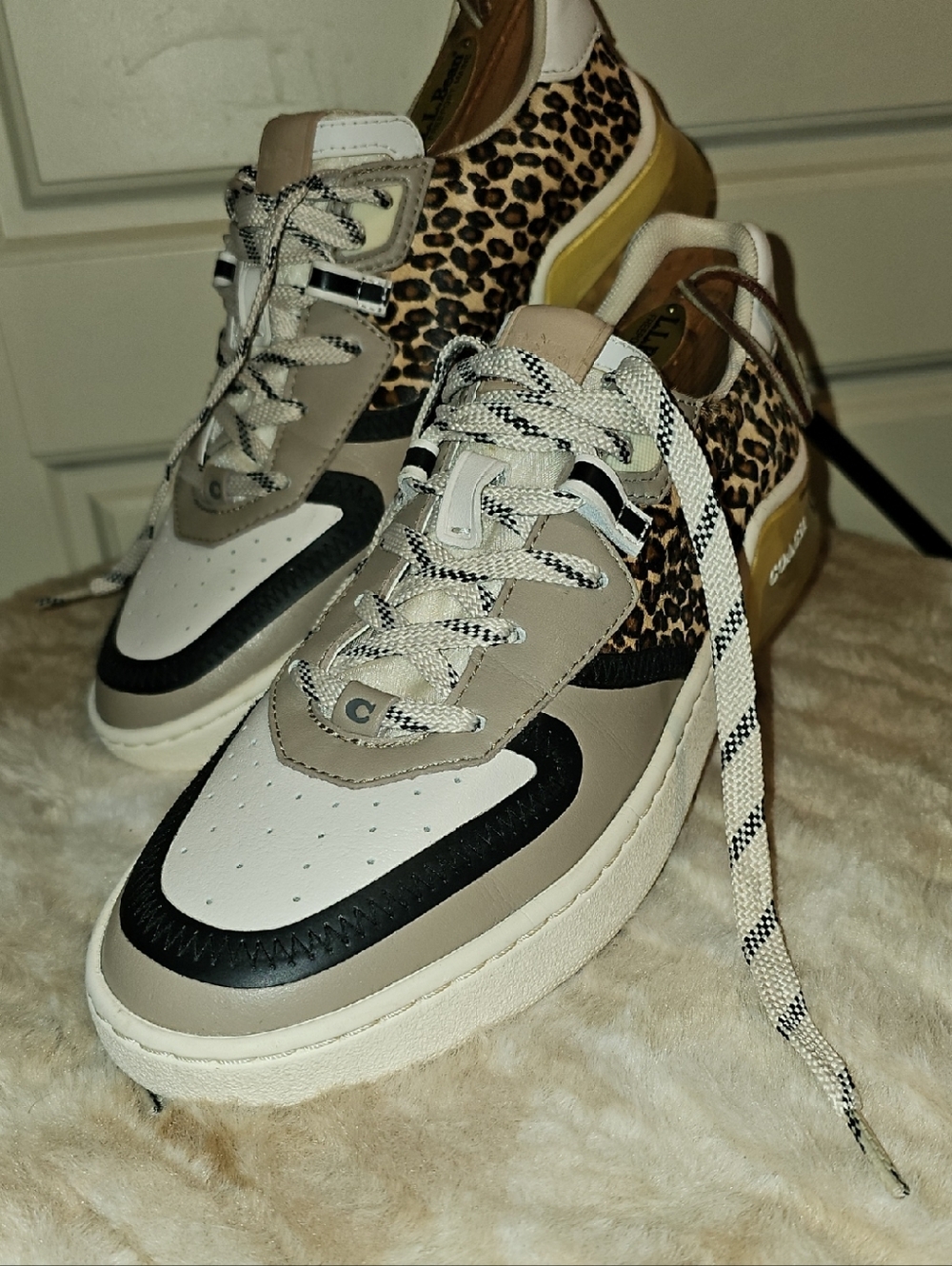 Coach Neutral Leather & And Calf Fur, Leopard Panel Lace-Up Sneakers Size 9.5